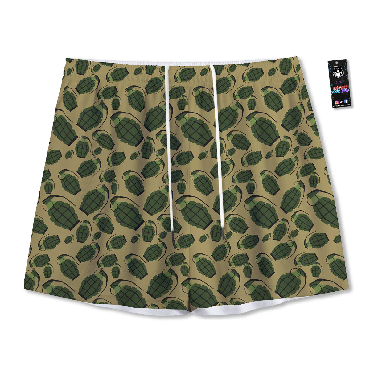 Brown Grenade Print Pattern Mesh Shorts