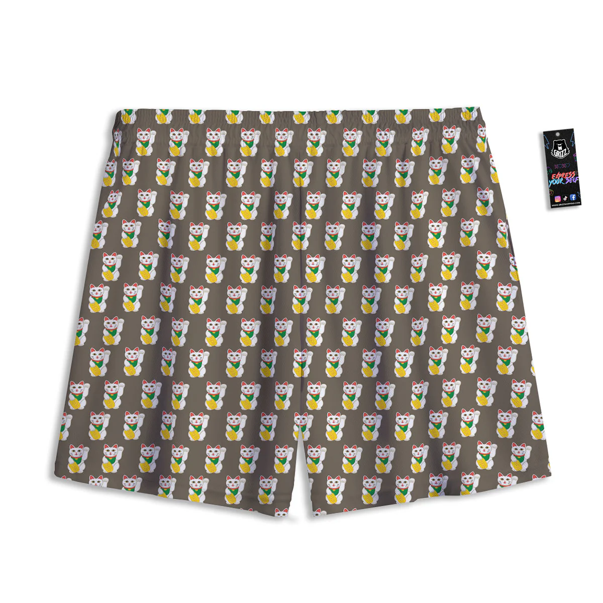 Brown Lucky Cat  Print Pattern Mesh Shorts - Image 2