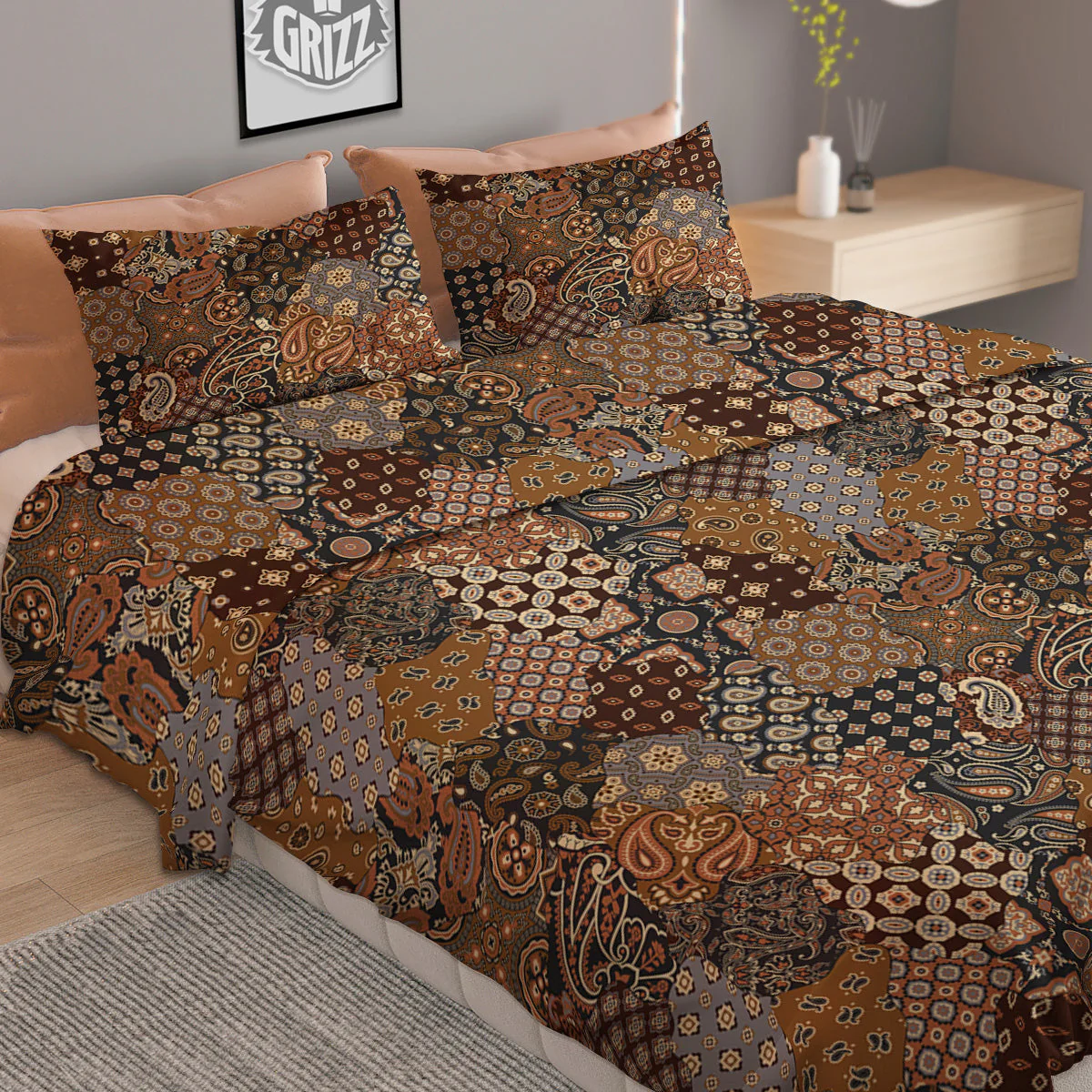 Brown Patchwork Paisley Print Pattern Duvet Cover Bedding Set - Image 2