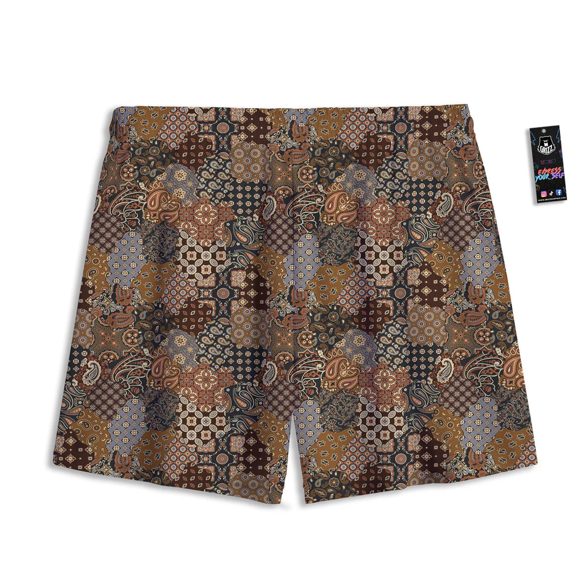 Brown Patchwork Paisley Print Pattern Mesh Shorts - Image 2