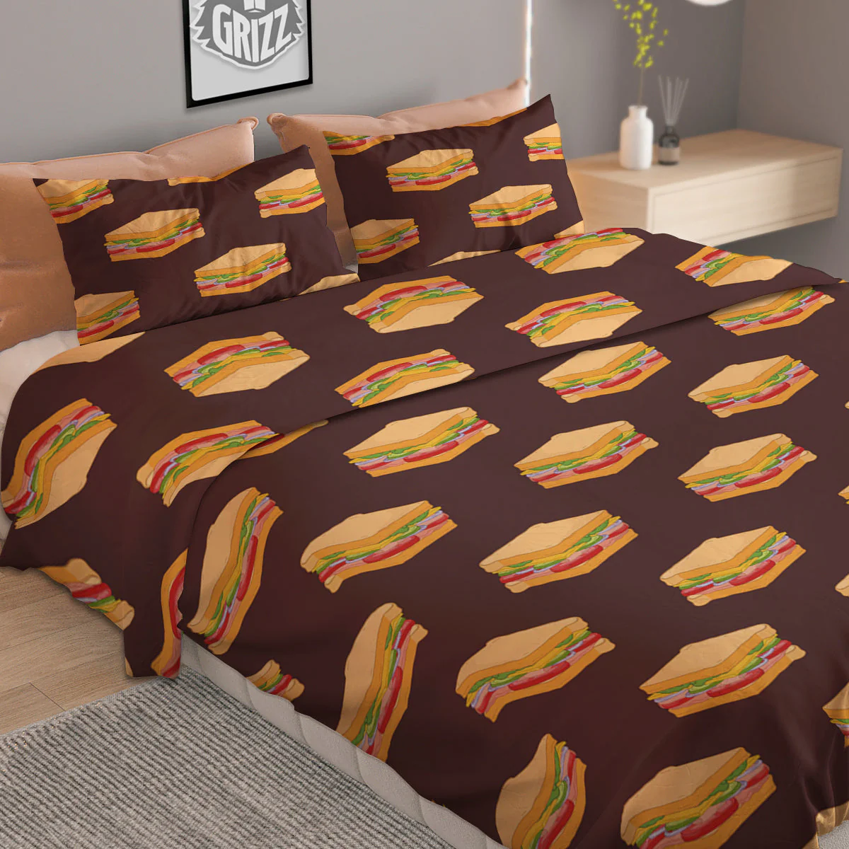 Brown Sandwich Print Pattern Duvet Cover Bedding Set - Image 2