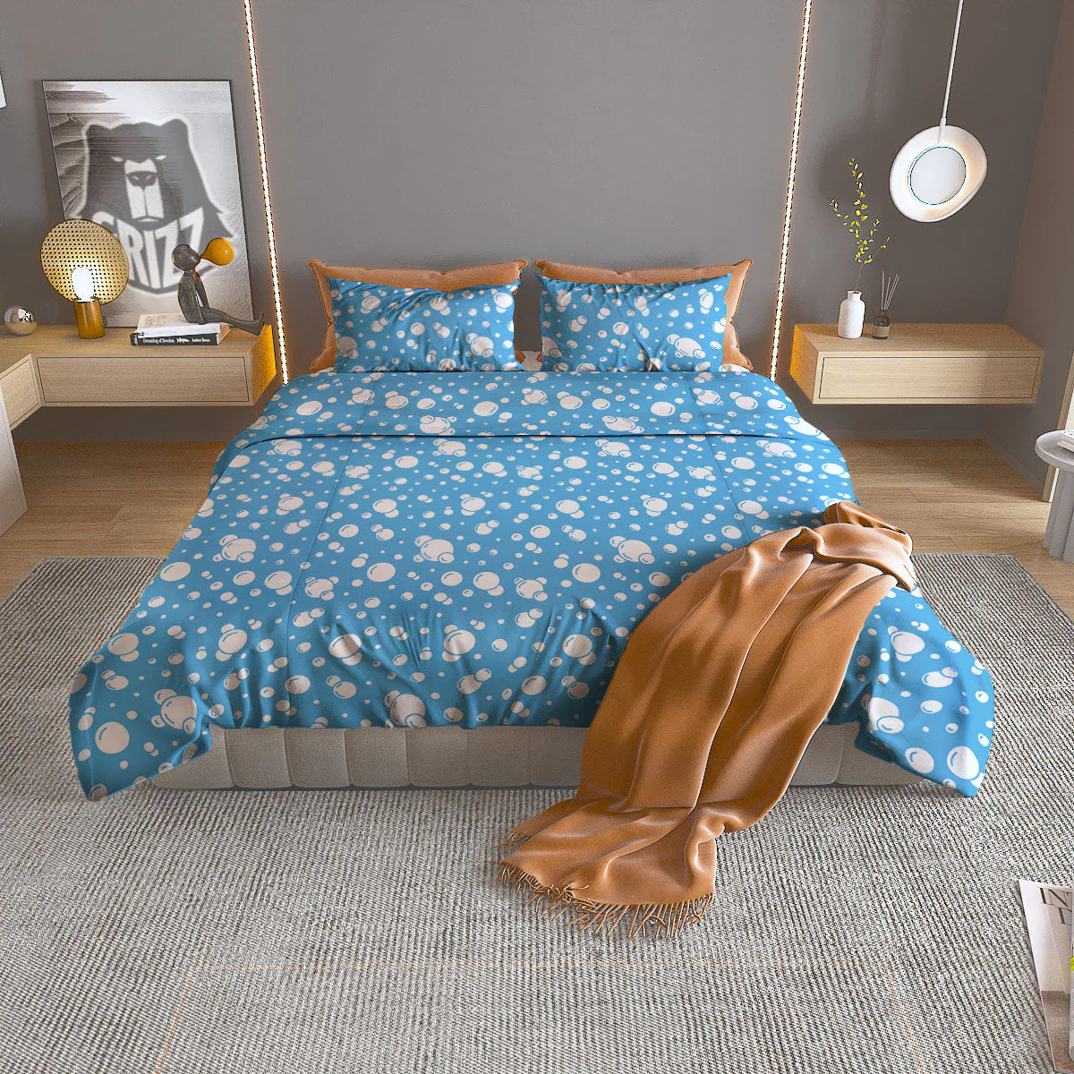 Bubble White And Blue Print Pattern Duvet Cover Bedding Set