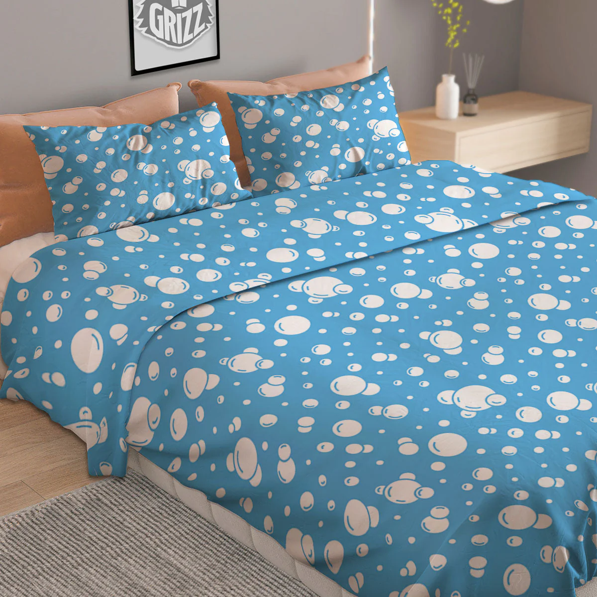 Bubble White And Blue Print Pattern Duvet Cover Bedding Set - Image 2
