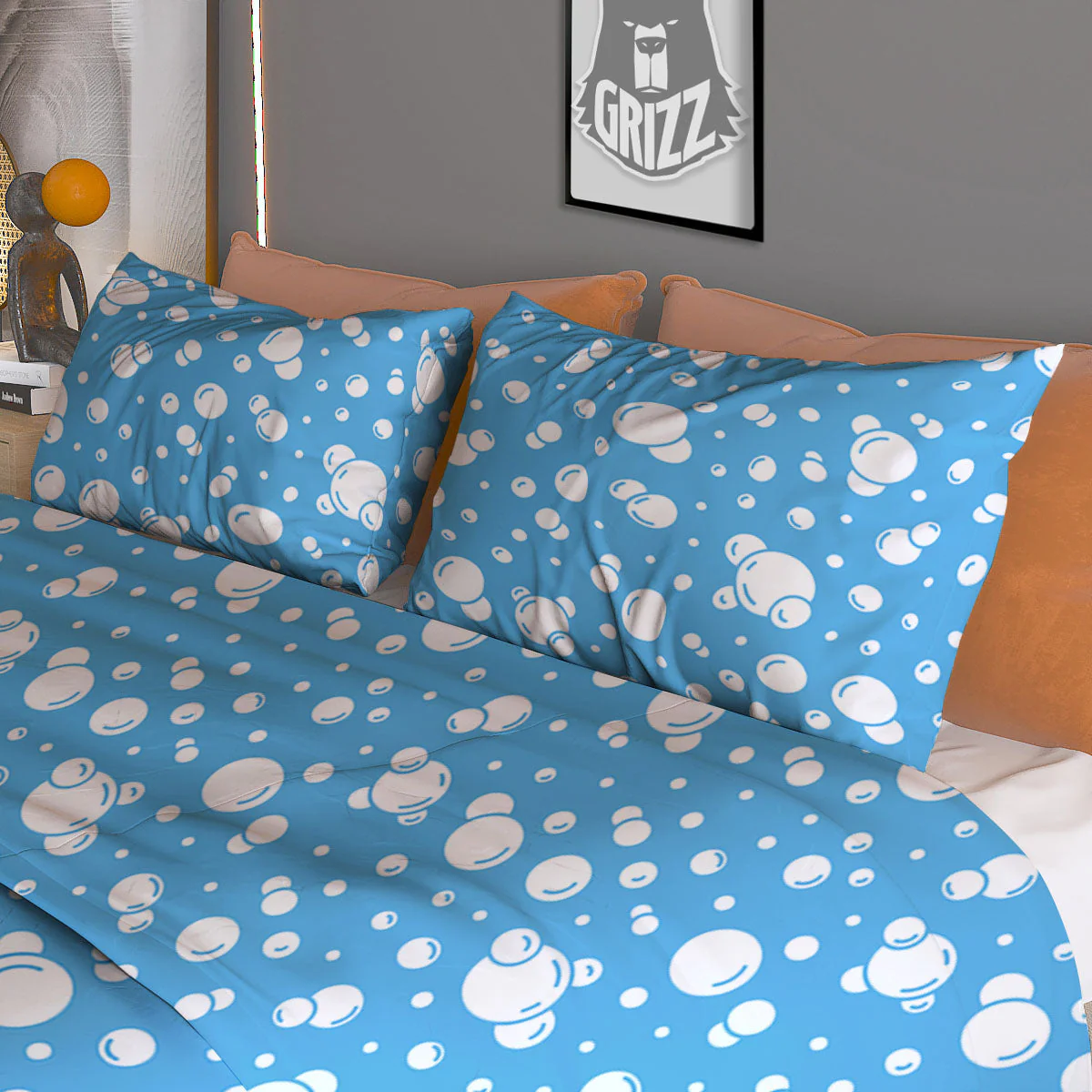 Bubble White And Blue Print Pattern Duvet Cover Bedding Set - Image 3