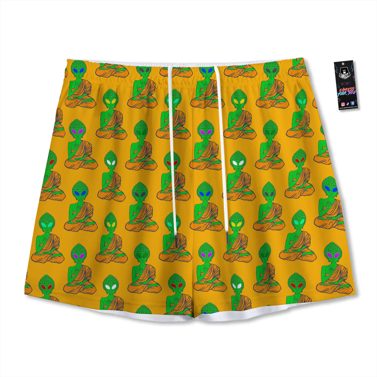 Buddha Alien Psychedelic Print Pattern Mesh Shorts