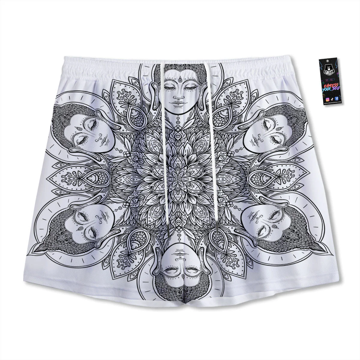 Buddha Face Ornate Mandala Print Mesh Shorts