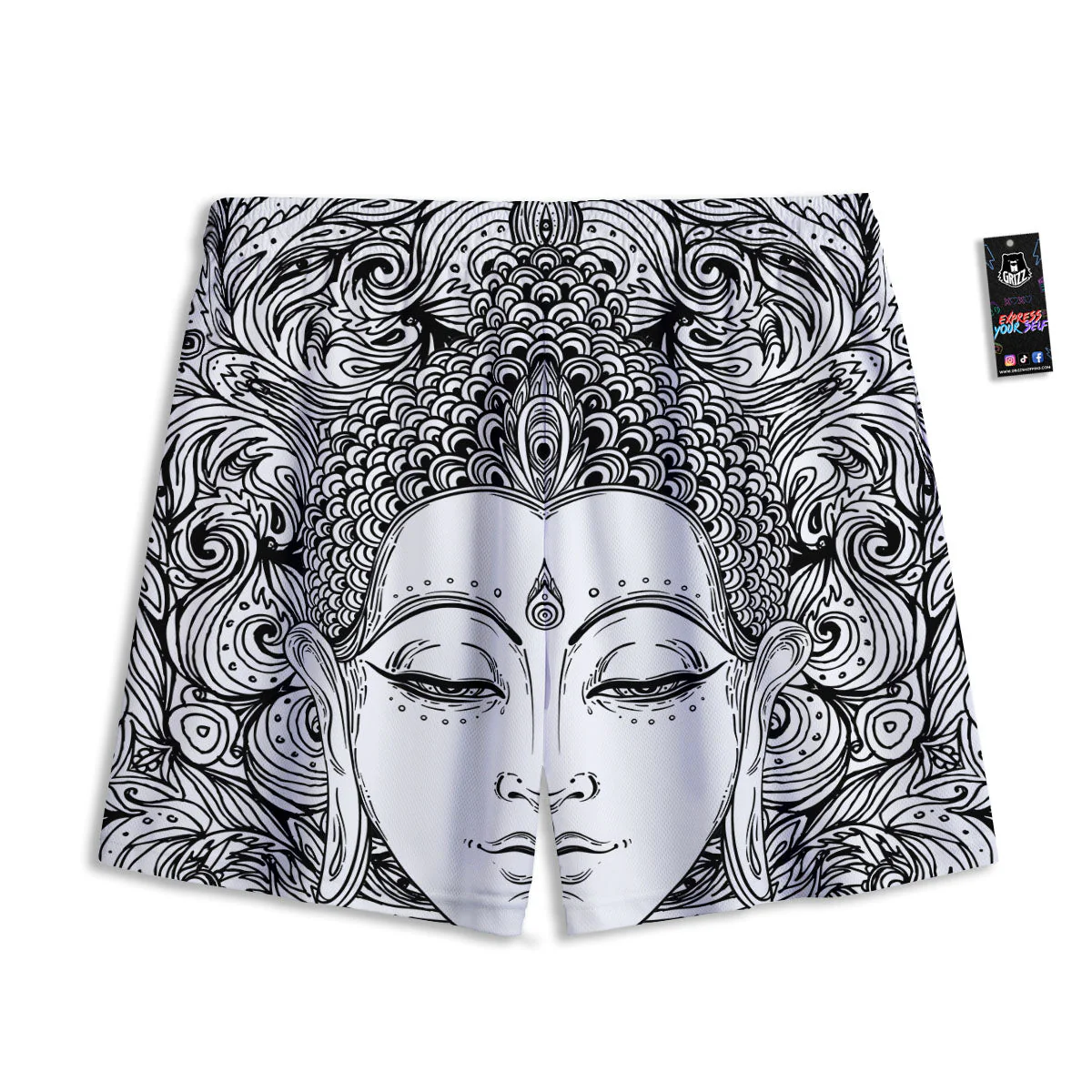 Buddha Mandala Spiritual Black White Print Mesh Shorts - Image 2