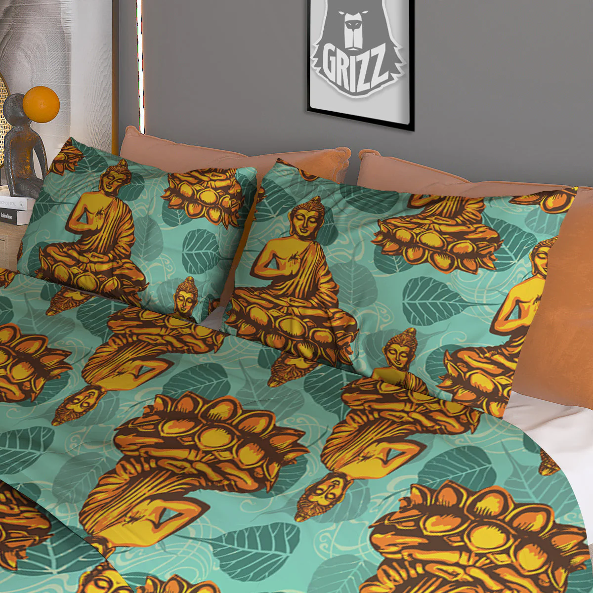 Buddha Sits On The Leaf Print Pattern Duvet Cover Bedding Set - Image 3