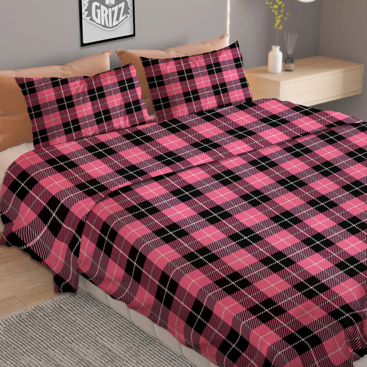 Buffalo Check Black And Pink Print Duvet Cover Bedding Set - Image 2