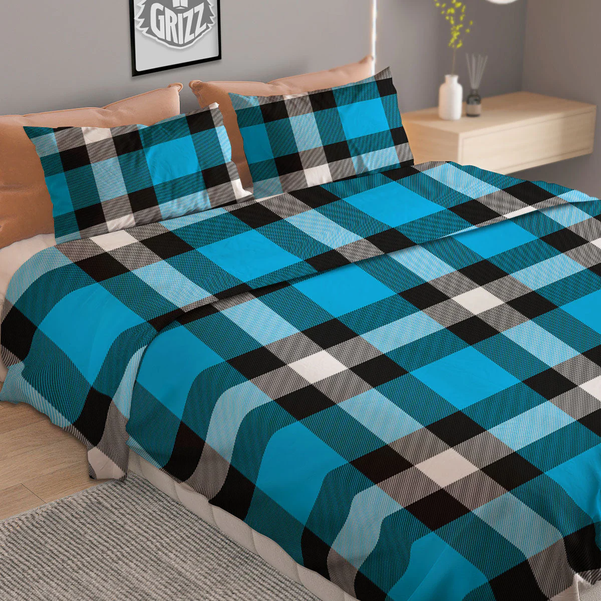 Buffalo Check Black And Turquoise Print Pattern Duvet Cover Bedding Set - Image 2