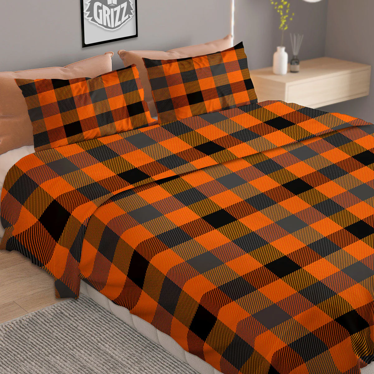 Buffalo Check Halloween Orange Print Duvet Cover Bedding Set - Image 2