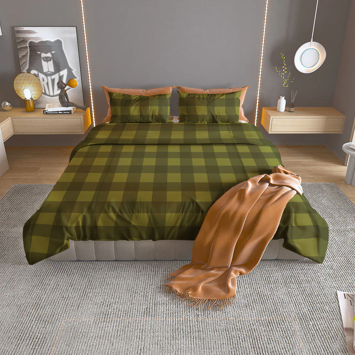 Buffalo Check Olive Green Print Pattern Duvet Cover Bedding Set
