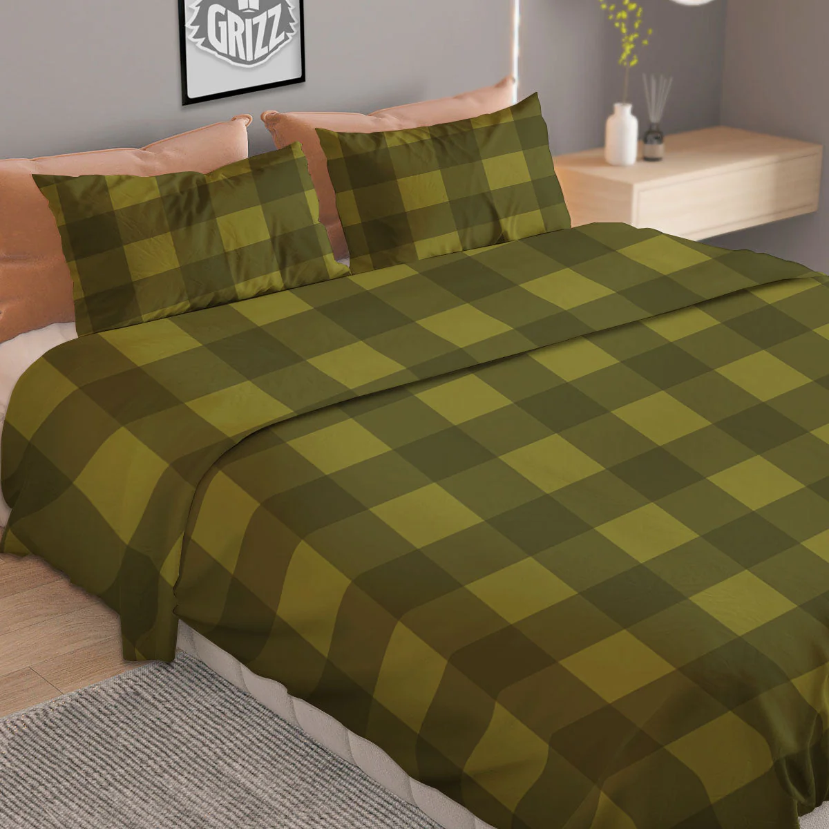 Buffalo Check Olive Green Print Pattern Duvet Cover Bedding Set - Image 2