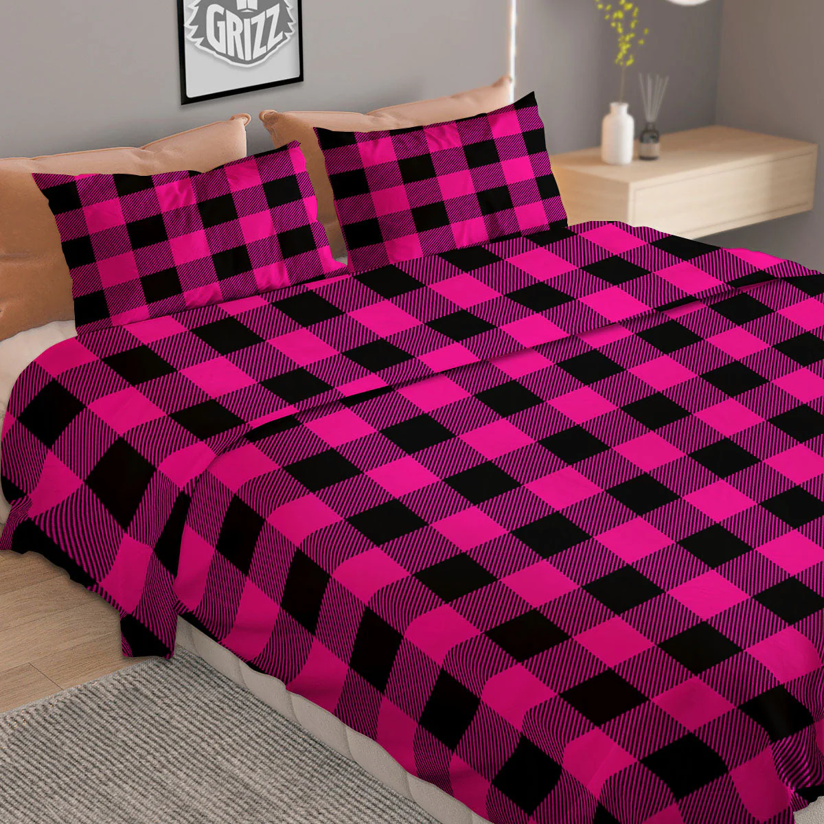 Buffalo Check Pink And Black Print Duvet Cover Bedding Set - Image 2