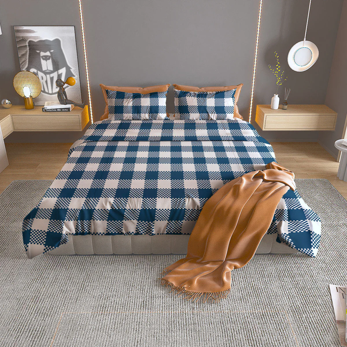 Buffalo Check White And Blue Print Duvet Cover Bedding Set