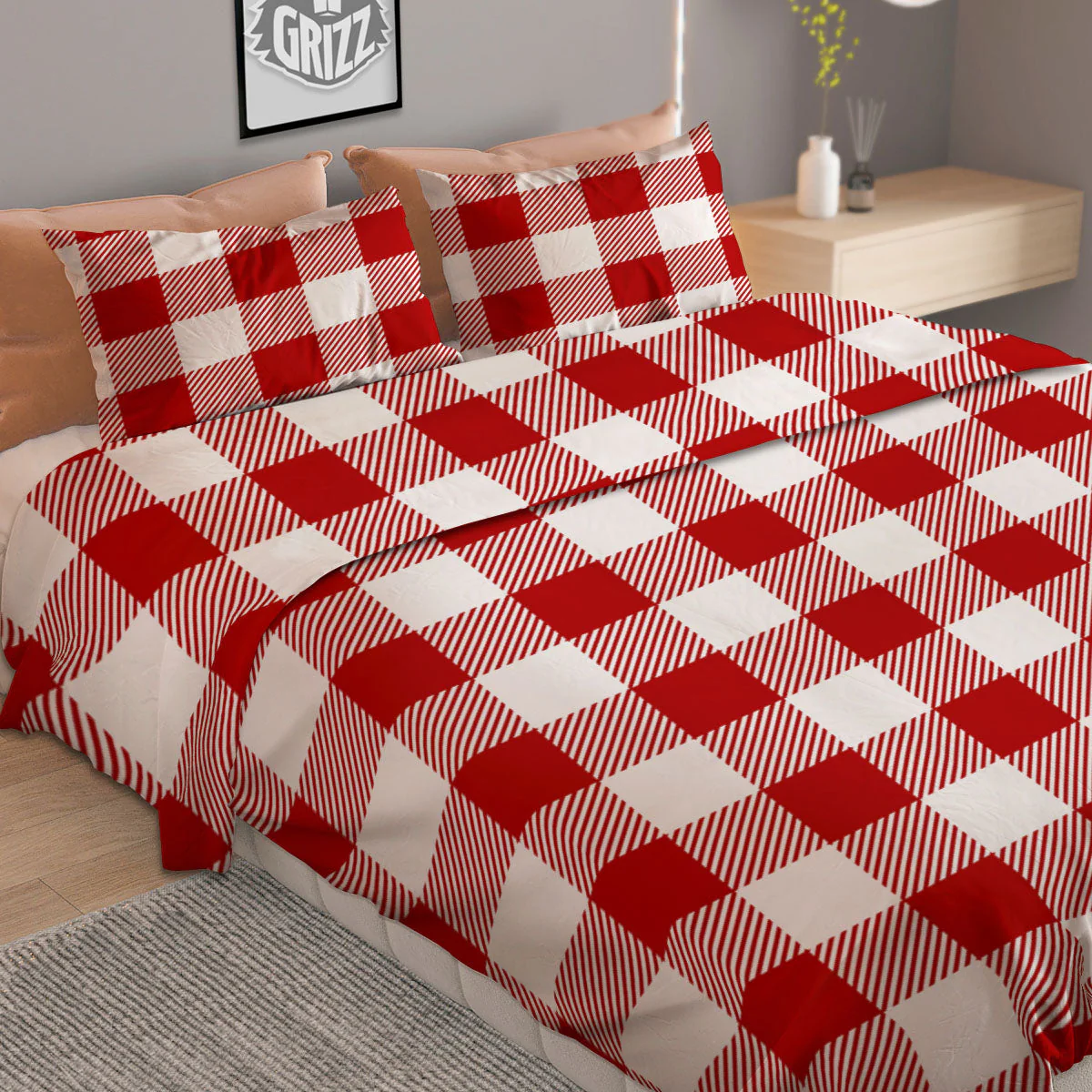 Buffalo Check White And Red Print Duvet Cover Bedding Set - Image 2