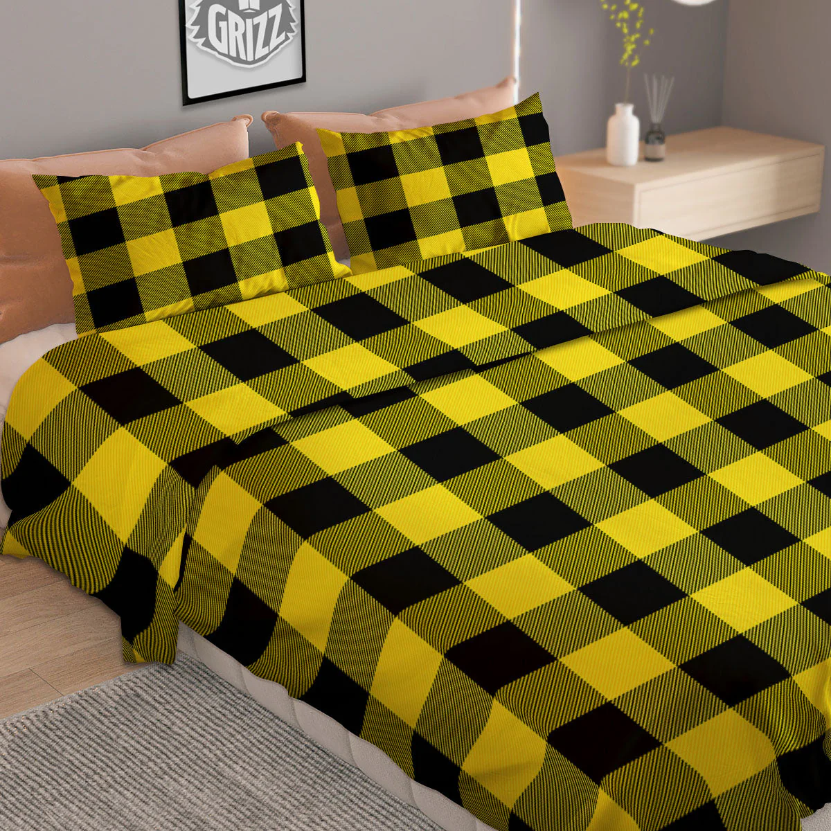 Buffalo Check Yellow And Black Print Pattern Duvet Cover Bedding Set - Image 2