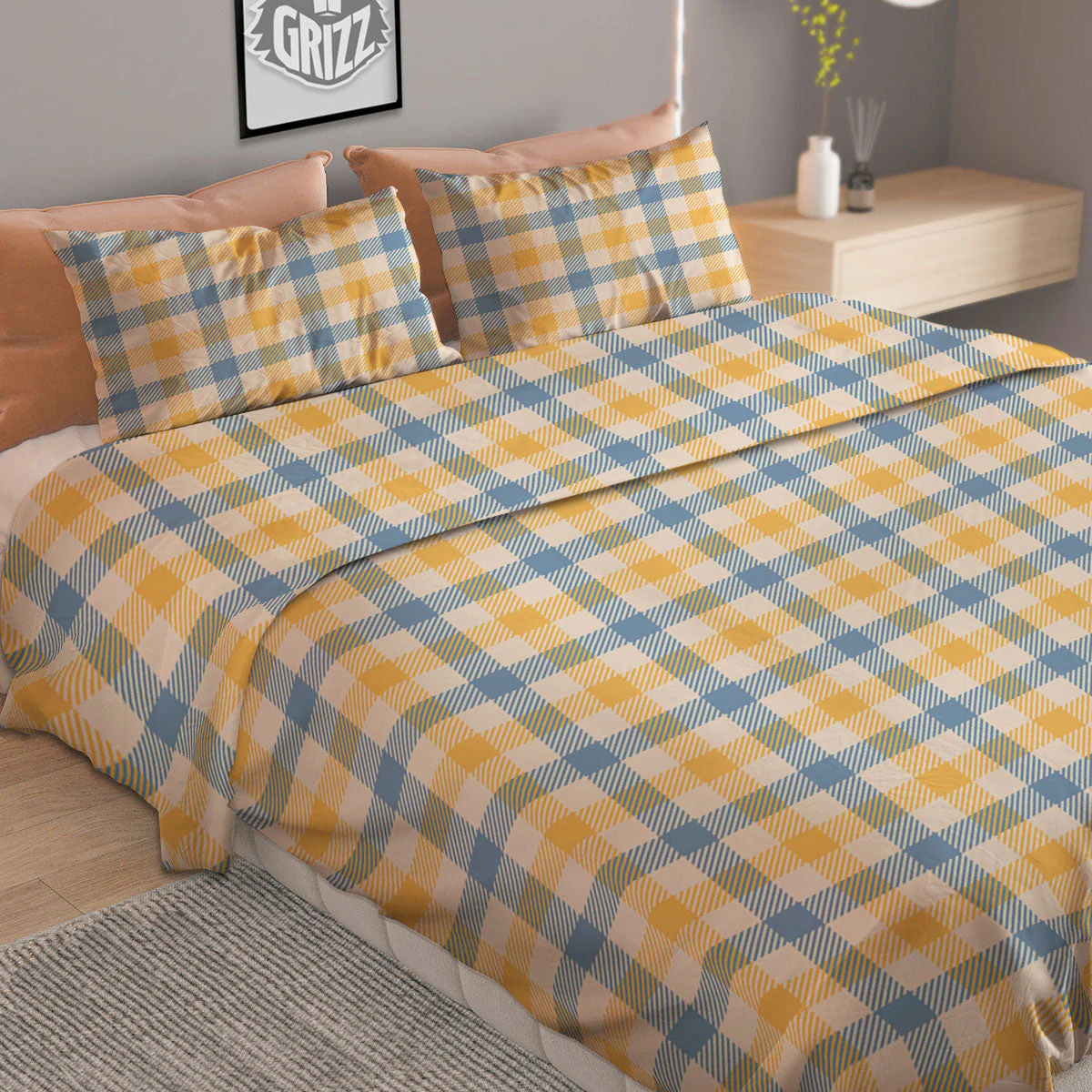 Buffalo Check Yellow And Blue Print Duvet Cover Bedding Set - Image 2