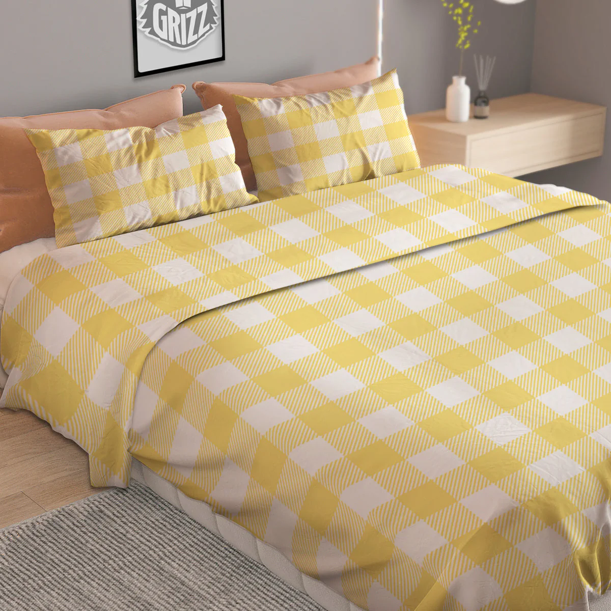 Buffalo Check Yellow And White Print Duvet Cover Bedding Set - Image 2