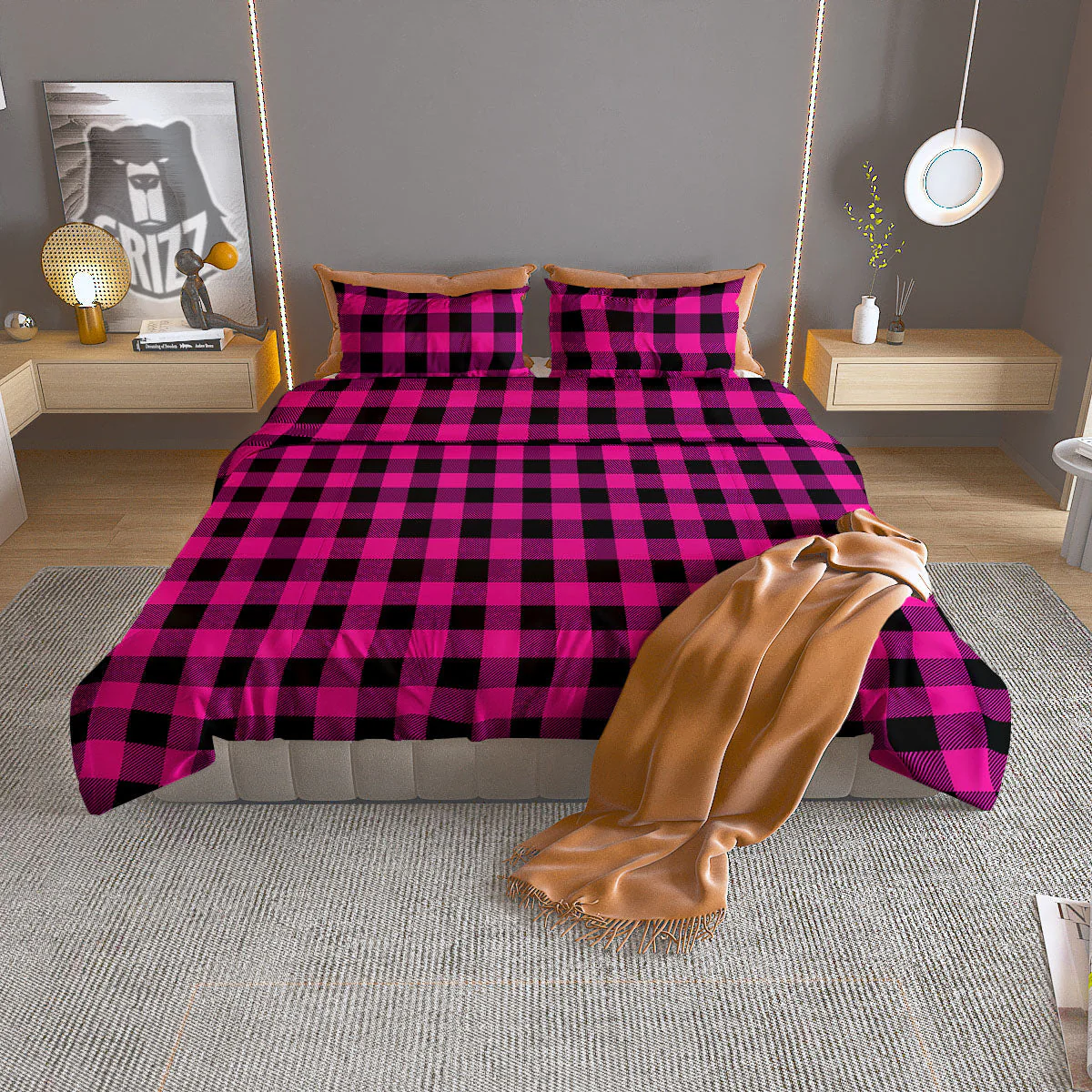 Buffalo Plaid Black And Pink Print Duvet Cover Bedding Set