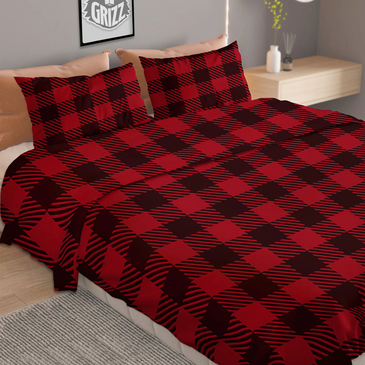 Buffalo Plaid Black And Red Print Duvet Cover Bedding Set - Image 2