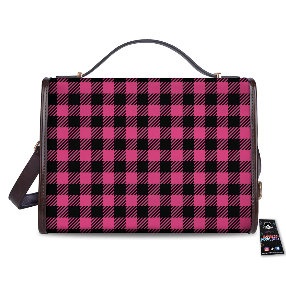 Buffalo Plaid Hot Pink Print Women's Satchel Bag - Image 2