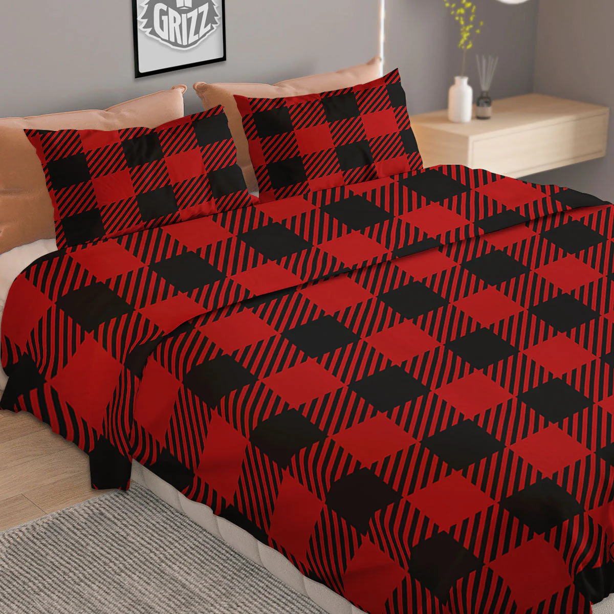 Buffalo Plaid Hot Red Print Duvet Cover Bedding Set - Image 2