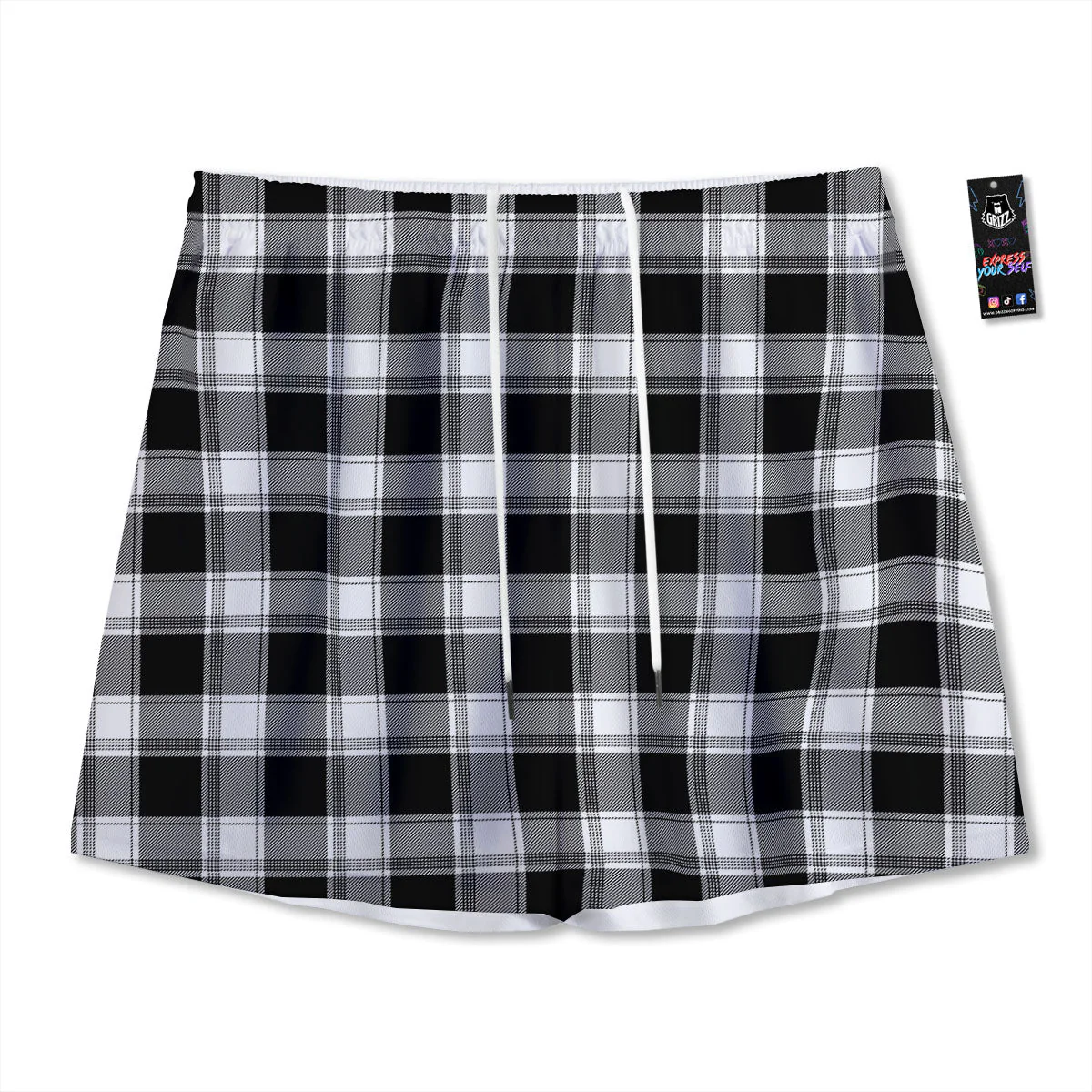 Buffalo Plaid White And Black Print Mesh Shorts