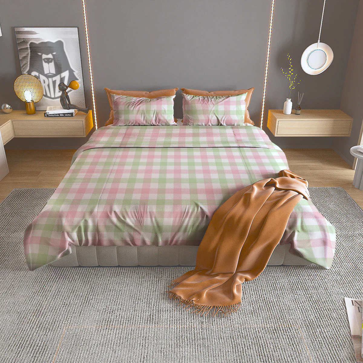 Buffalo Plaid White Pink And Green Print Pattern Duvet Cover Bedding Set