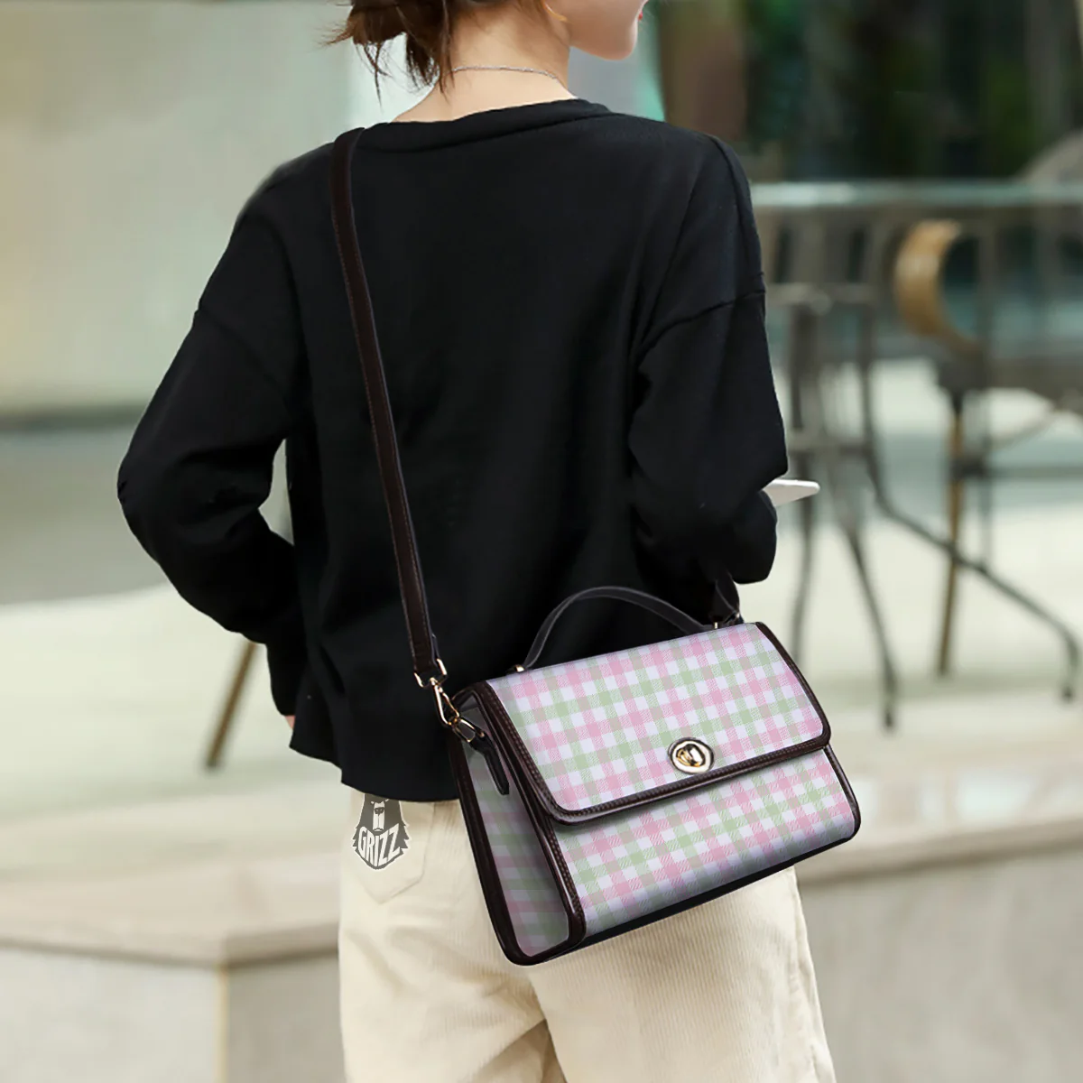 Buffalo Plaid White Pink And Green Print Pattern Women's Satchel Bag - Image 3