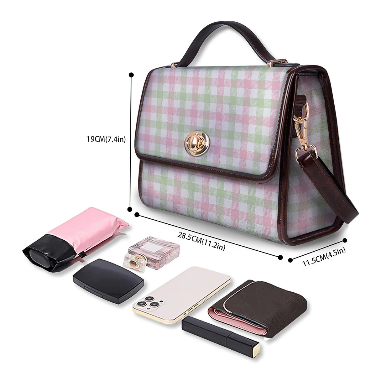 Buffalo Plaid White Pink And Green Print Pattern Women's Satchel Bag - Image 4