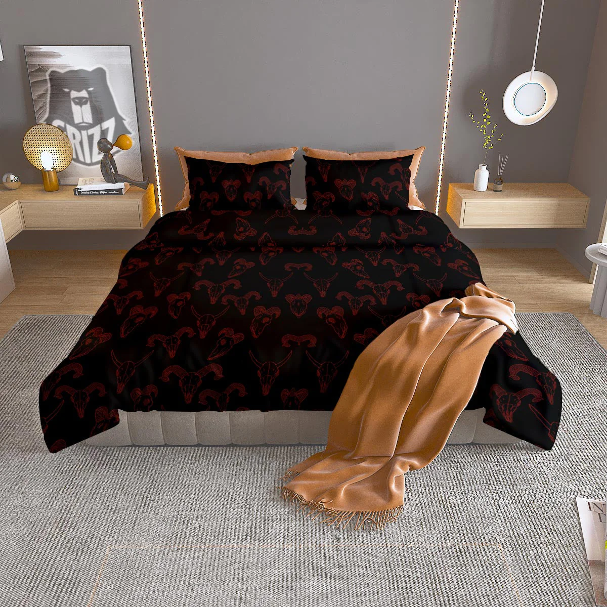 Bull Skull Black And Red Print Pattern Duvet Cover Bedding Set
