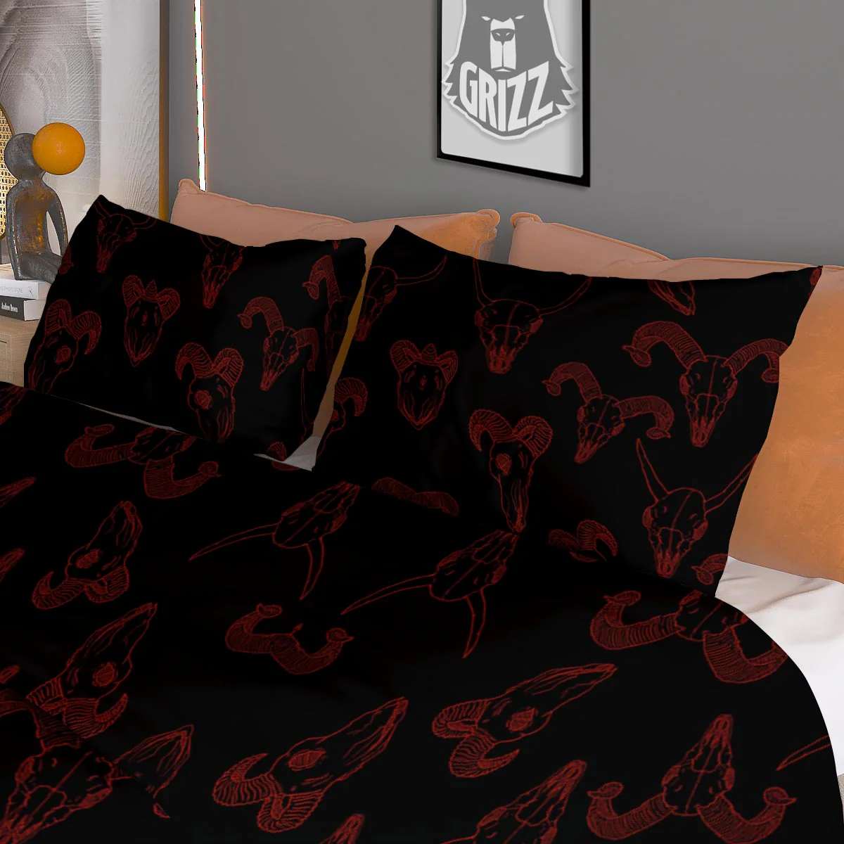 Bull Skull Black And Red Print Pattern Duvet Cover Bedding Set - Image 3