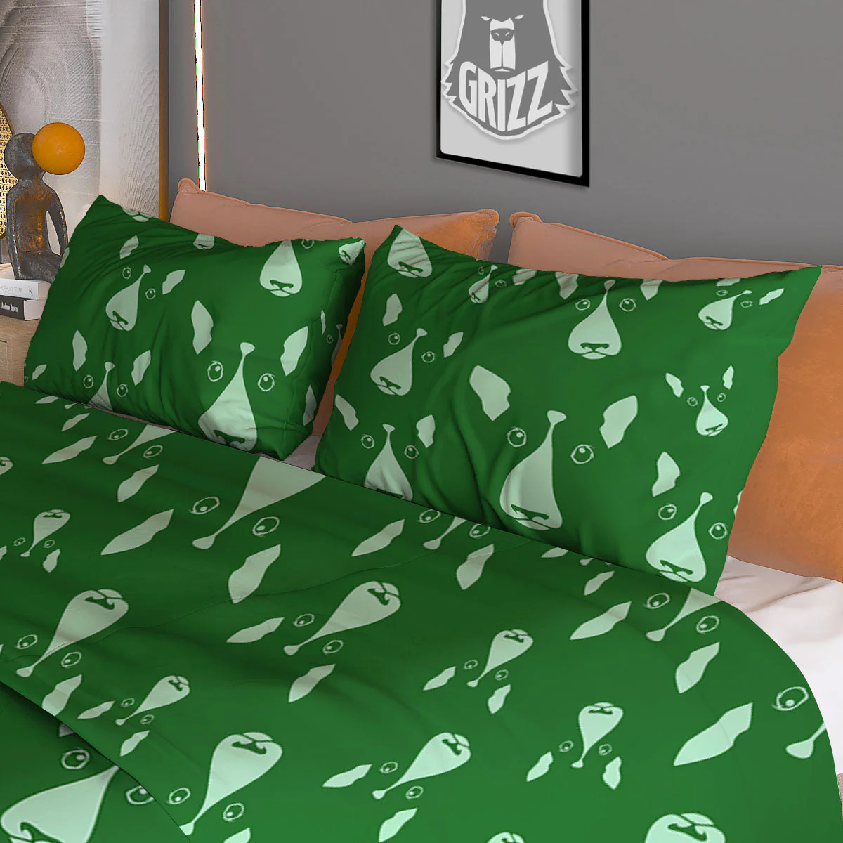 Bull Terrier Green Print Pattern Duvet Cover Bedding Set - Image 3