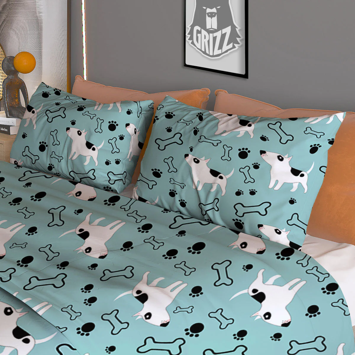 Bull Terrier Laurel Green Print Pattern Duvet Cover Bedding Set - Image 3