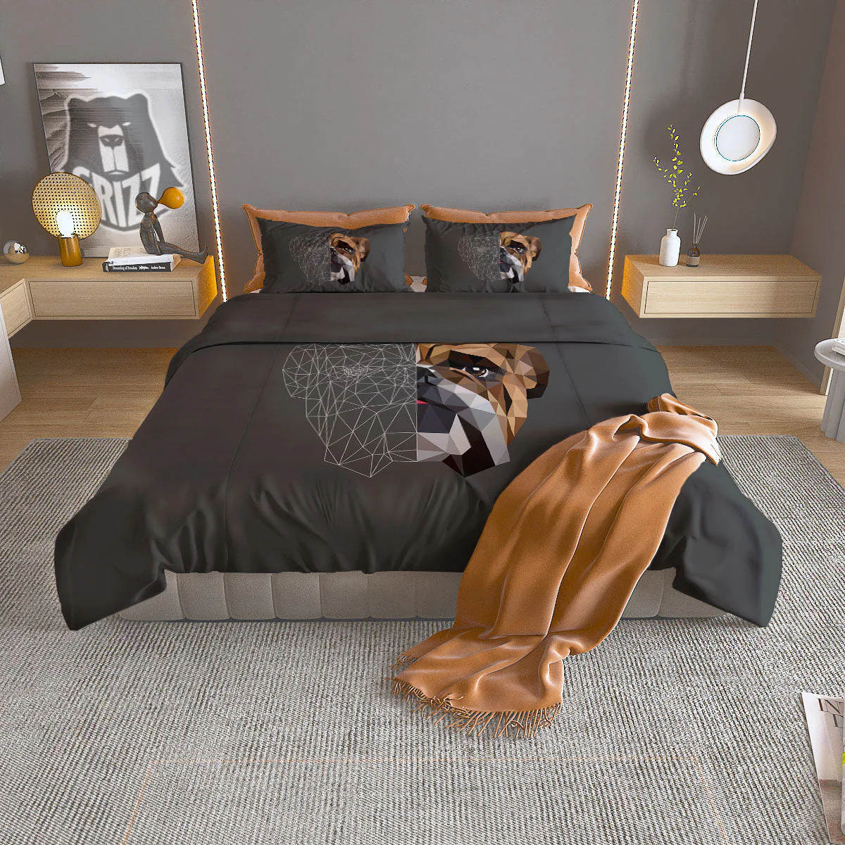 Bulldog Geometric English Print Duvet Cover Bedding Set