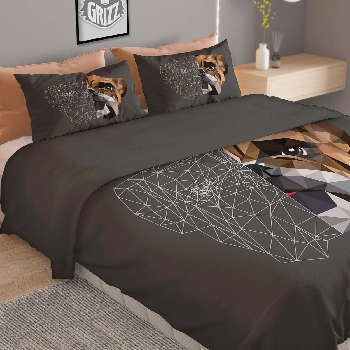 Bulldog Geometric English Print Duvet Cover Bedding Set - Image 2