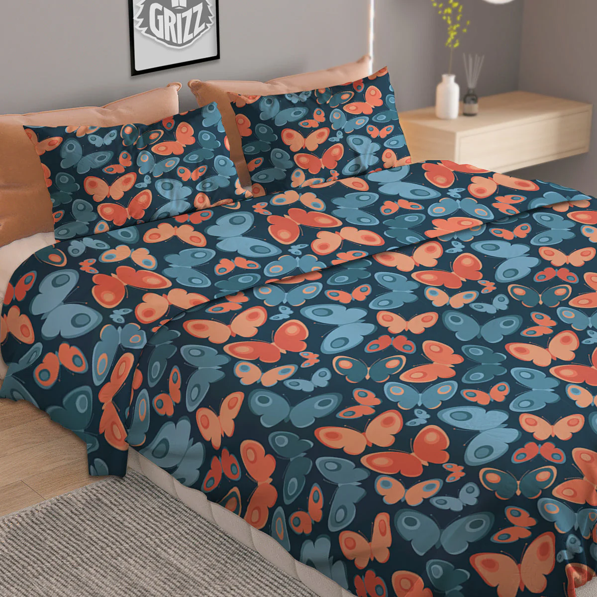 Butterfly Blue And Orange Print Duvet Cover Bedding Set - Image 2