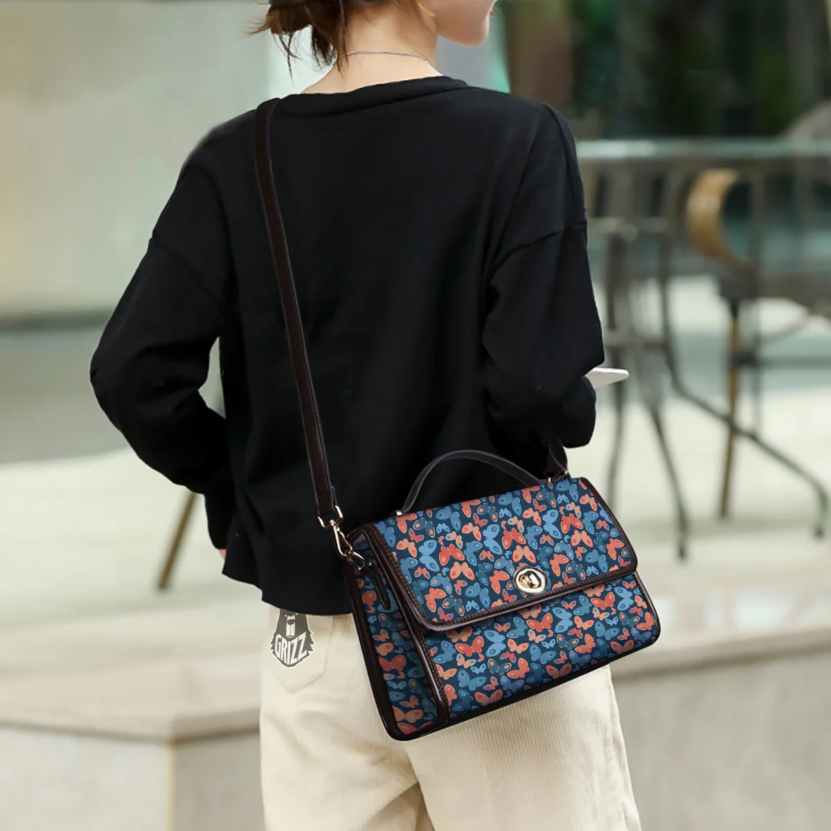 Butterfly Blue And Orange Print Women's Satchel Bag - Image 3