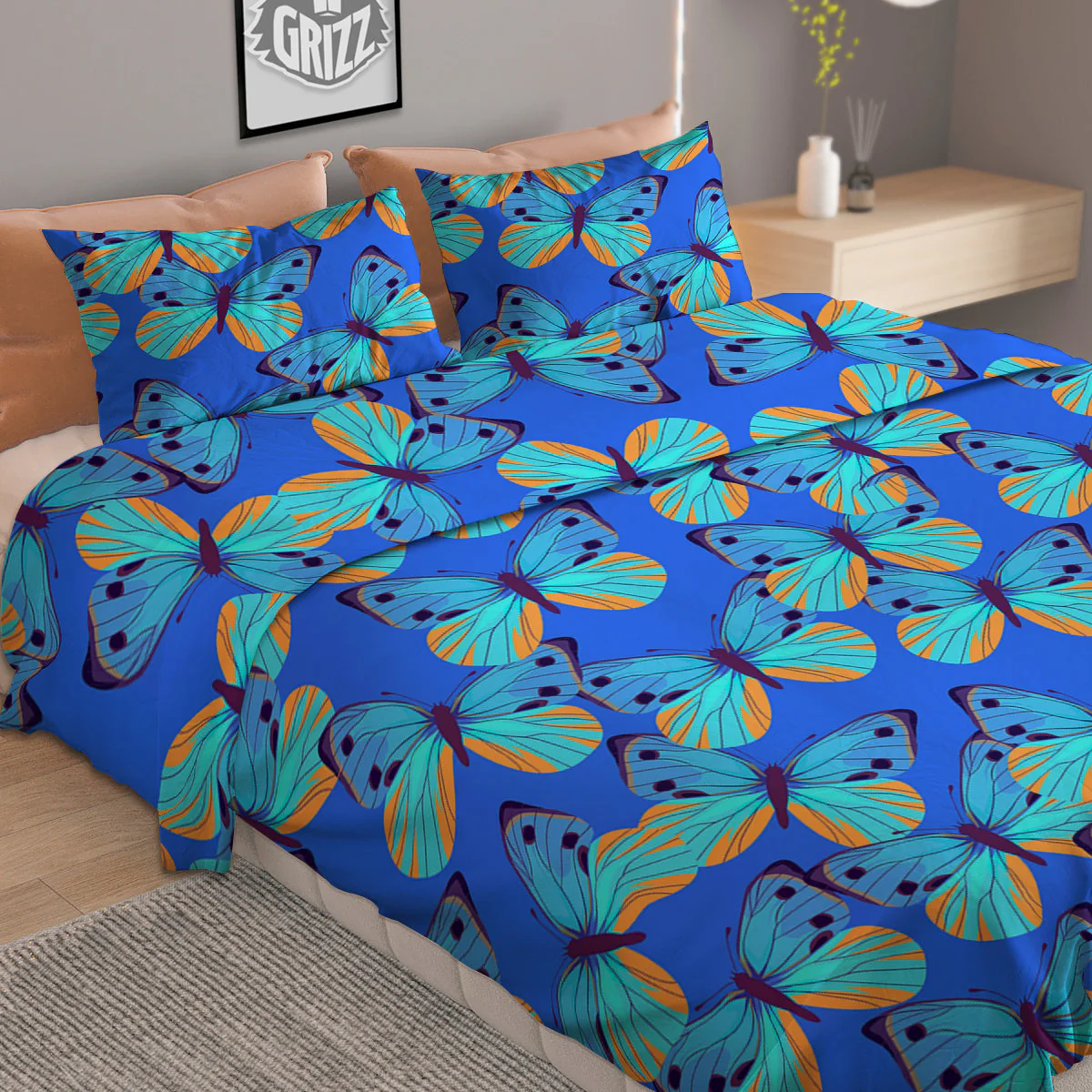 Butterfly Blue Watercolor Print Pattern Duvet Cover Bedding Set - Image 2