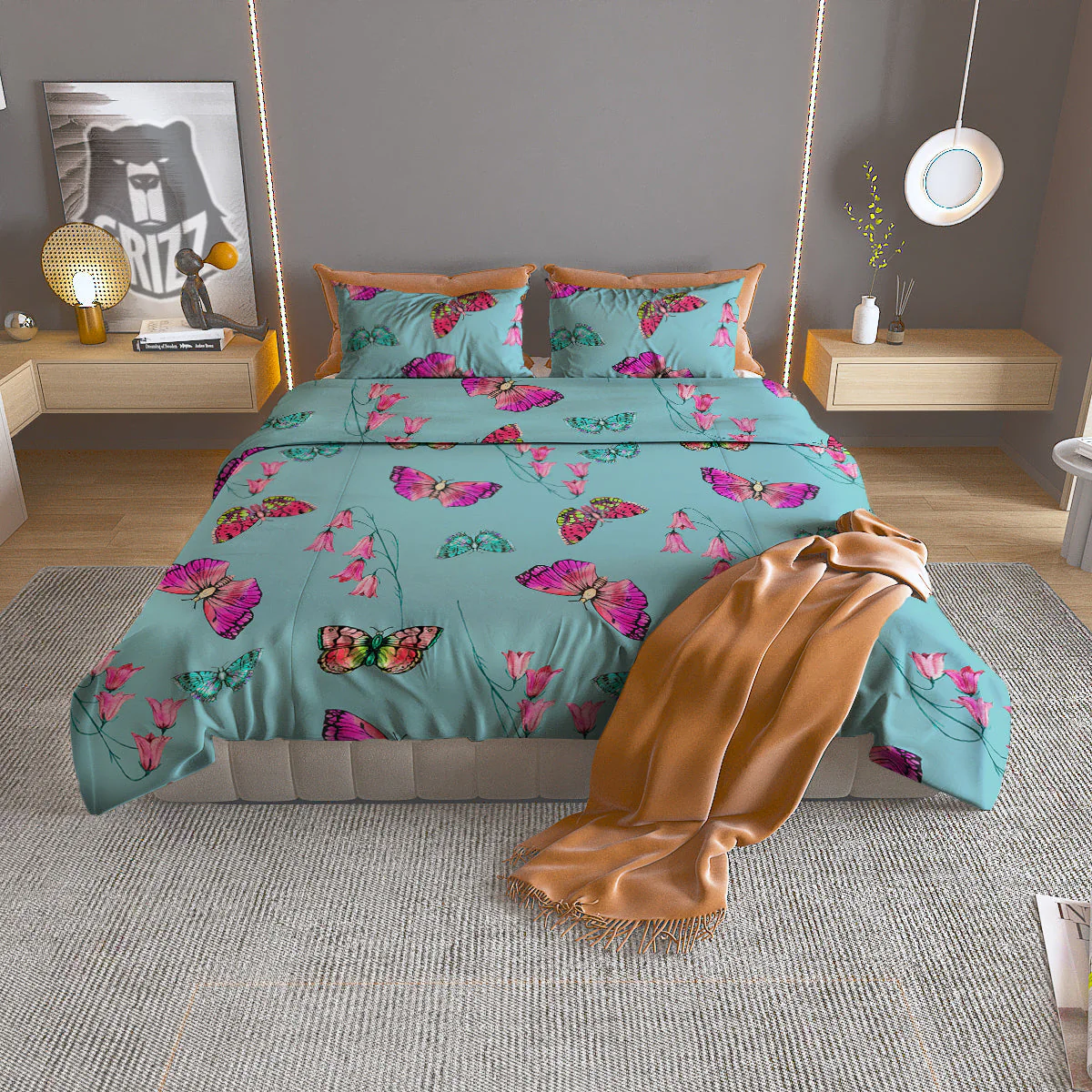 Butterfly Pink And Turquoise Print Pattern Duvet Cover Bedding Set