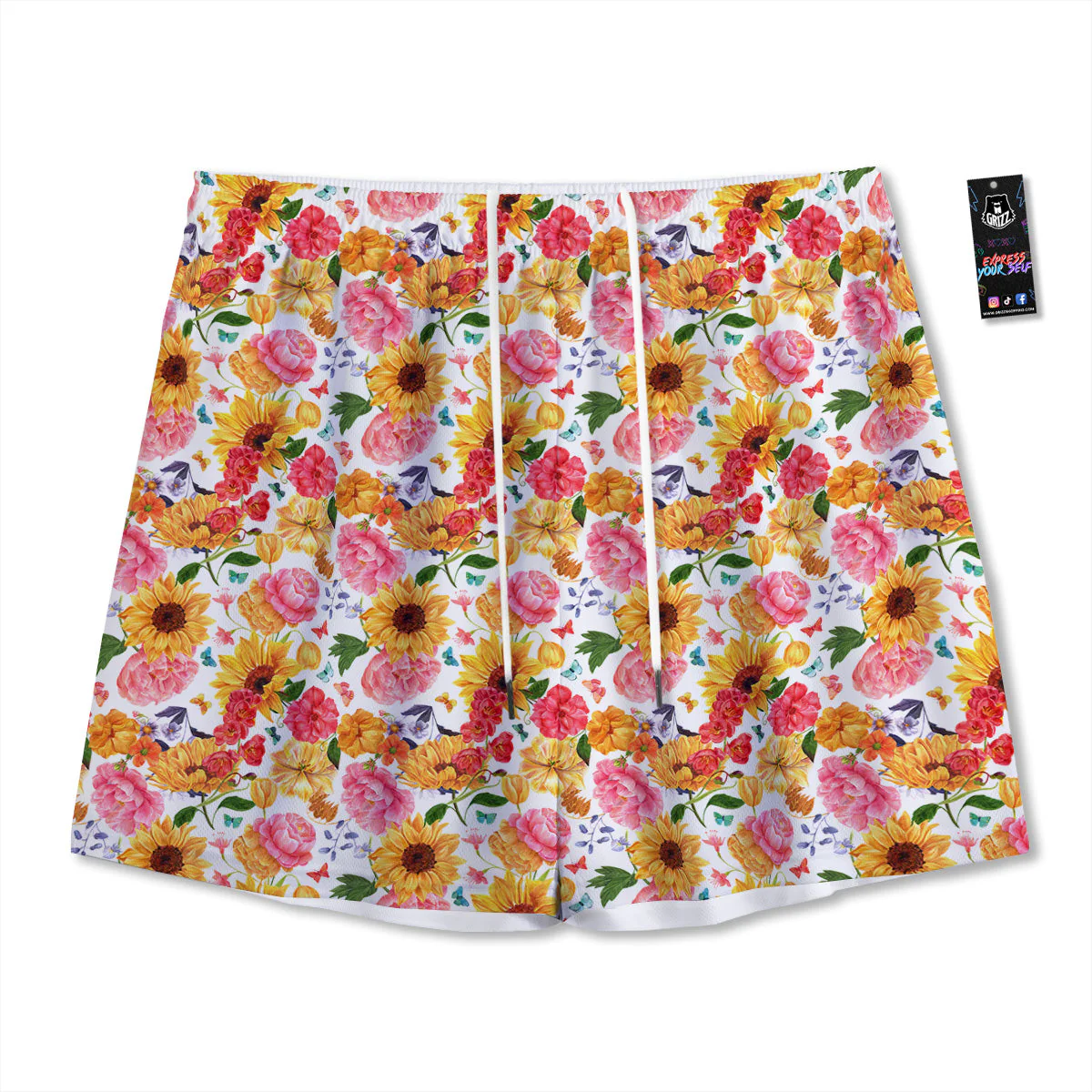 Butterfly Sunflowers Peonies Print Pattern Mesh Shorts