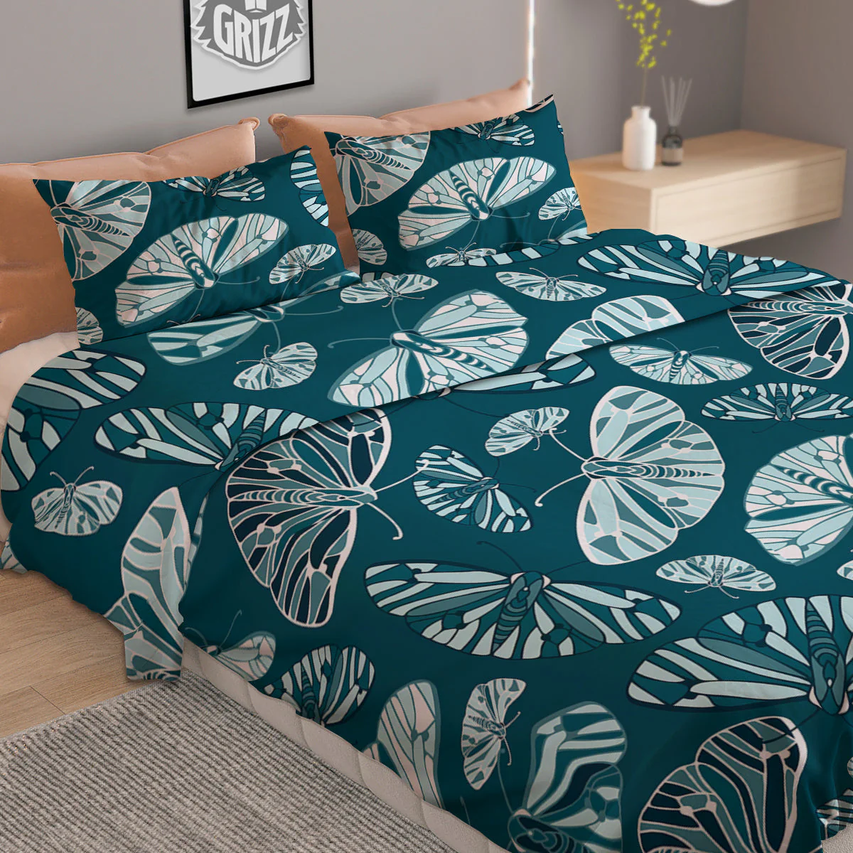 Butterfly Turquoise Print Pattern Duvet Cover Bedding Set - Image 2