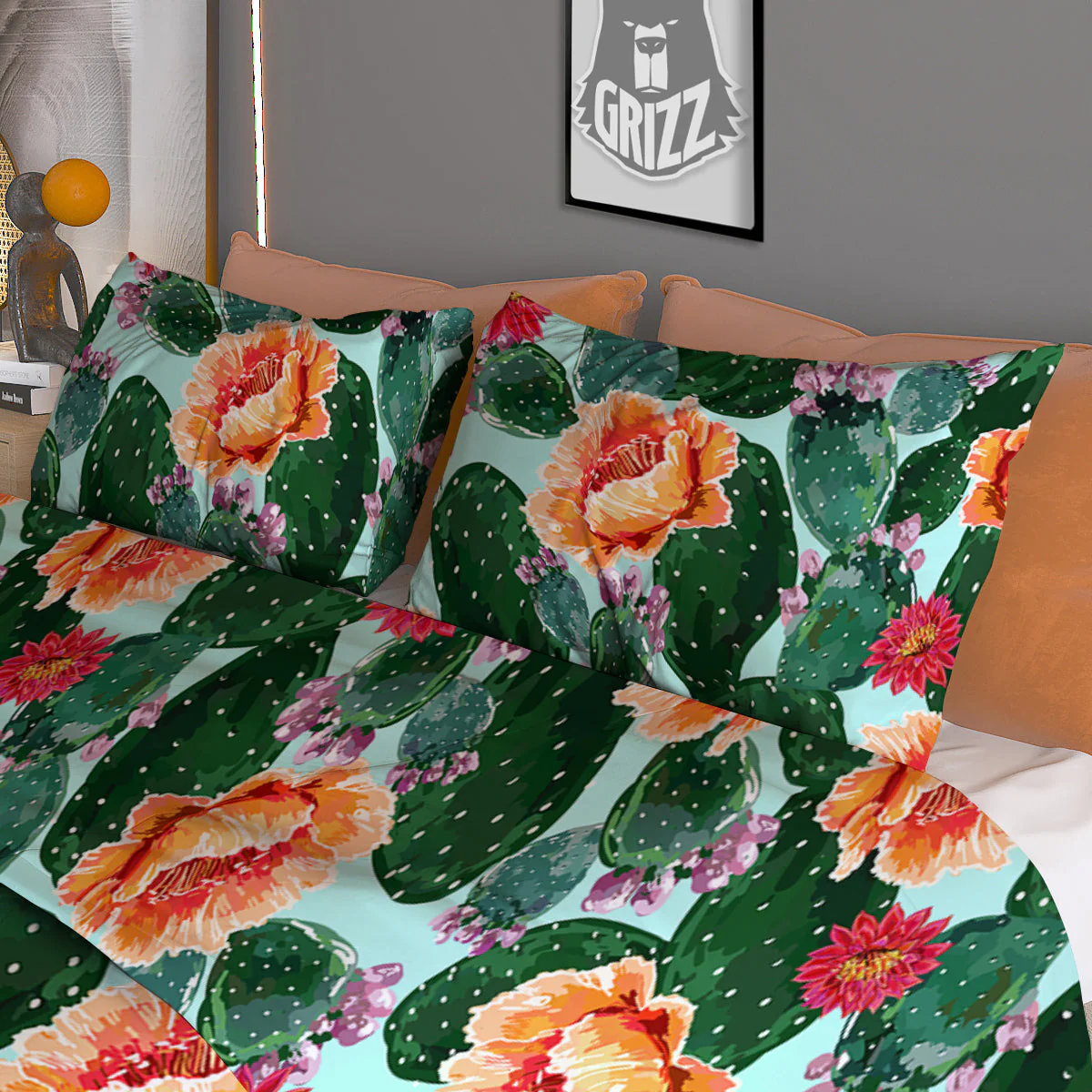 Cactus Blooming Watercolor Print Pattern Duvet Cover Bedding Set - Image 3