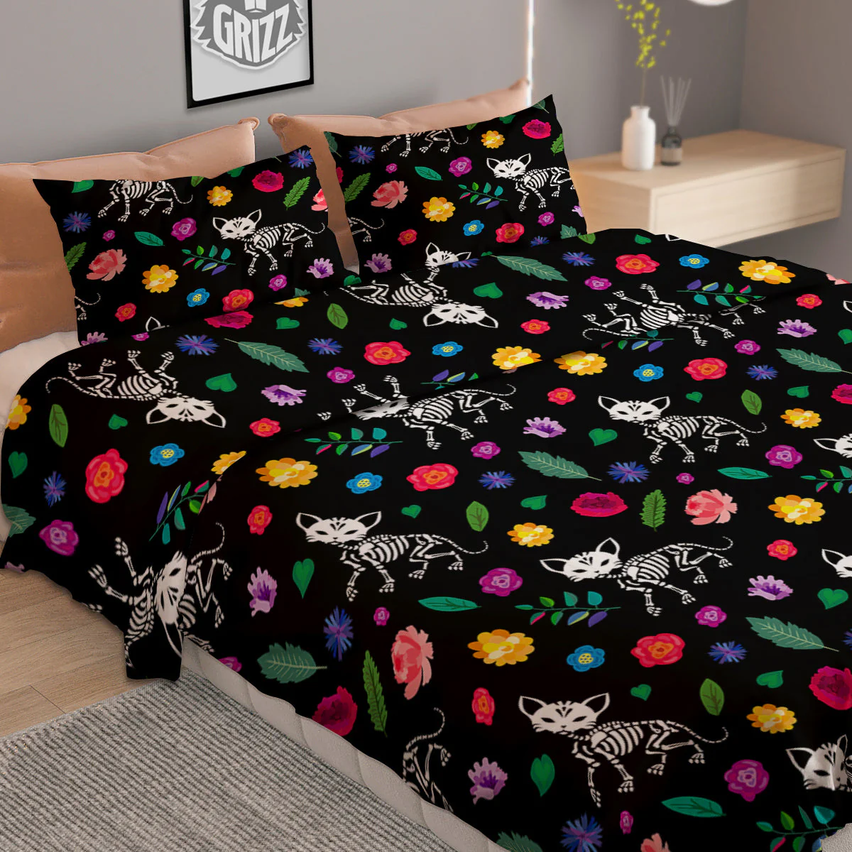 Calavera Cat Skeleton Print Pattern Duvet Cover Bedding Set - Image 2