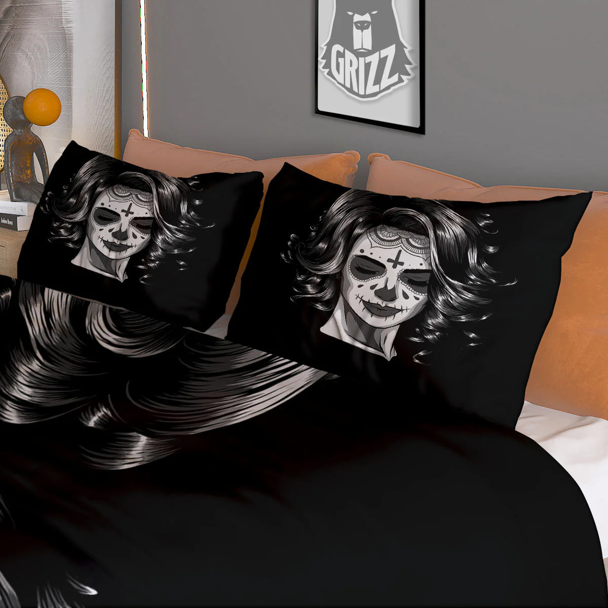 Calavera Girl White And Black Print Duvet Cover Bedding Set - Image 3