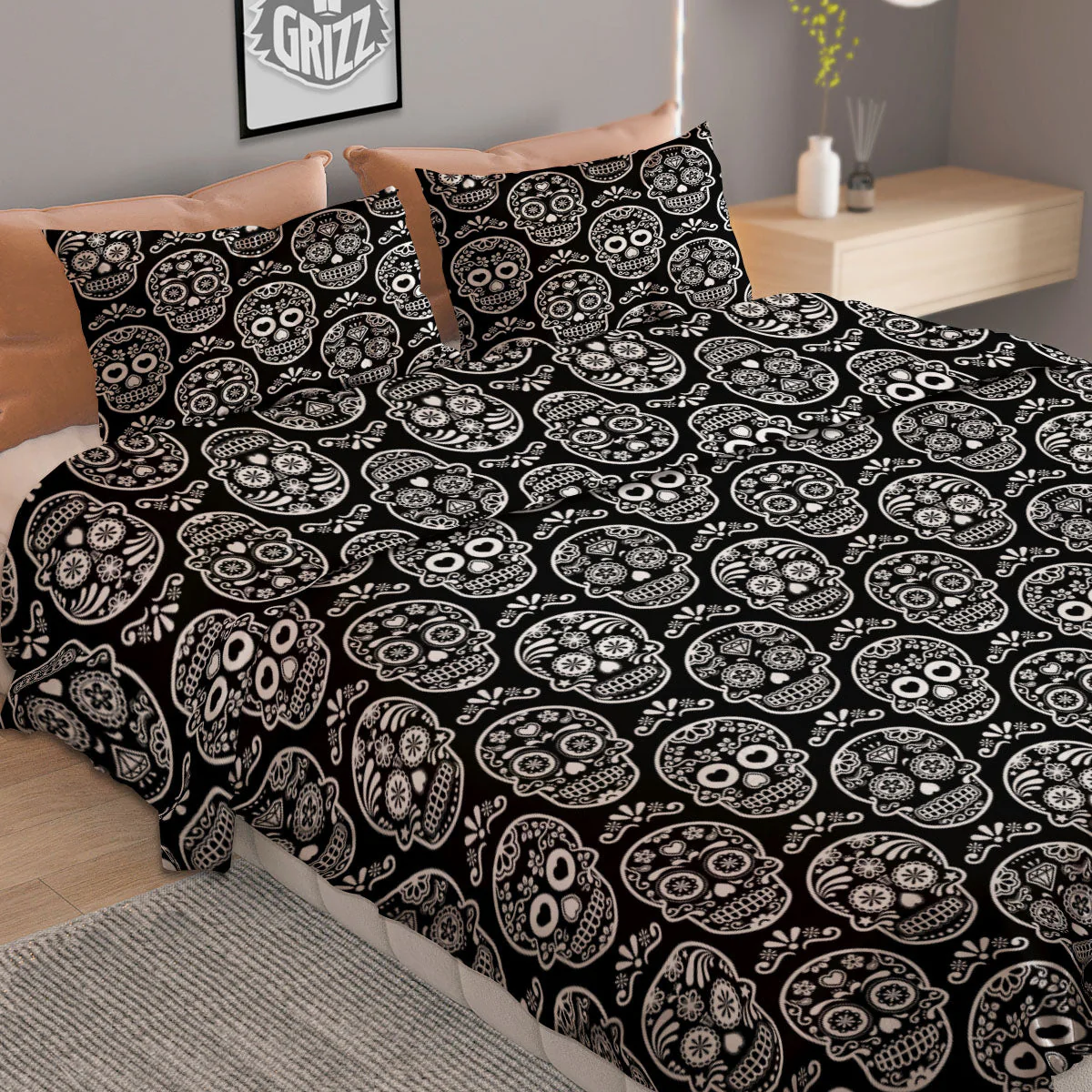 Calavera Skull White And Black Print Duvet Cover Bedding Set - Image 2