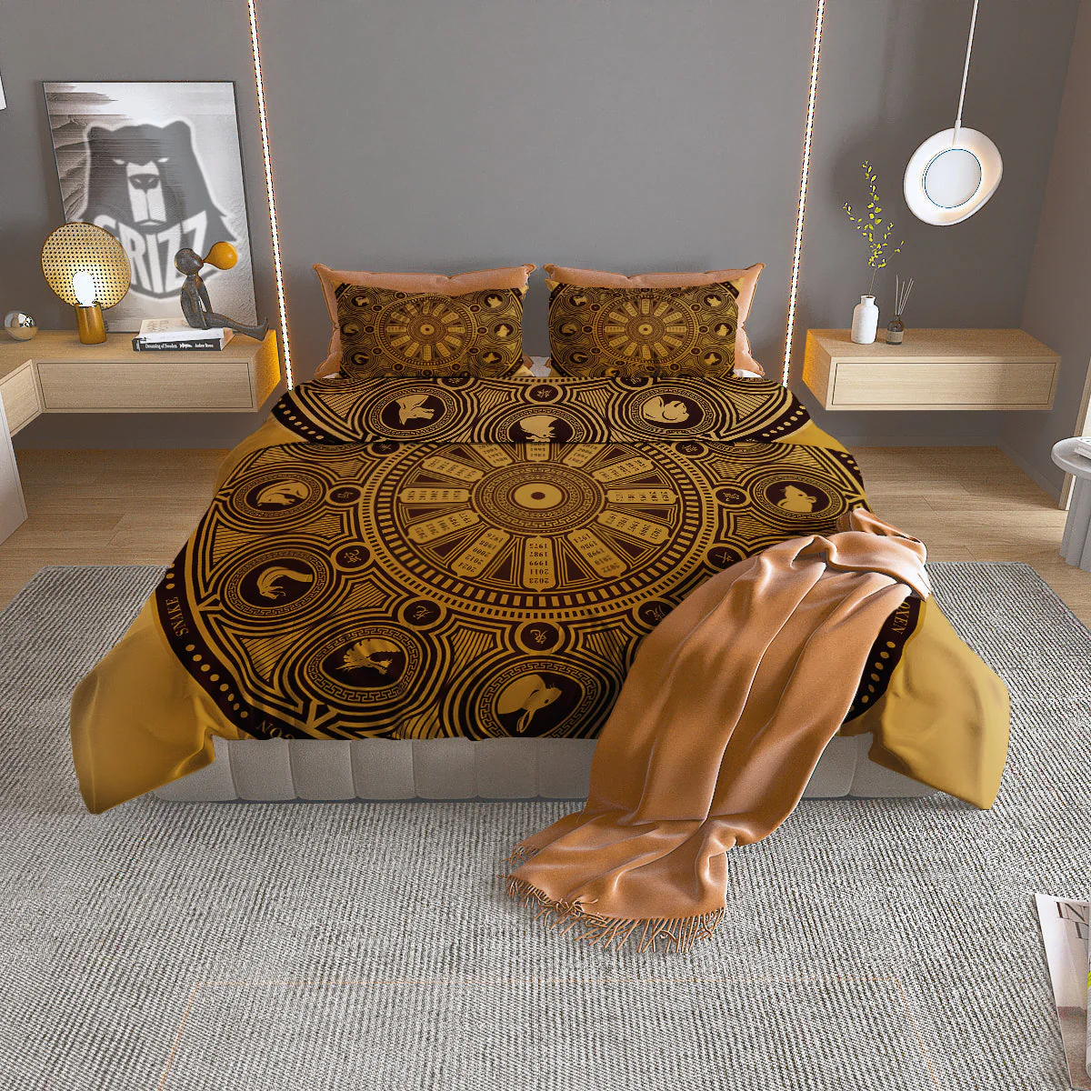 Calendar Signs Chinese Zodiac Print Duvet Cover Bedding Set