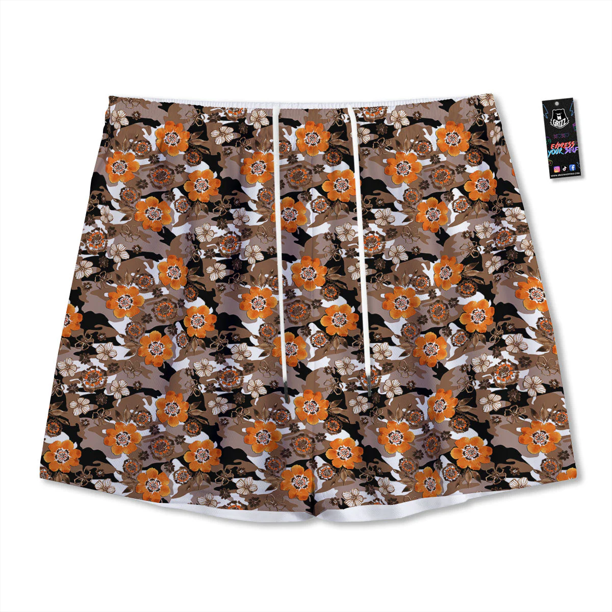 Camo Flower Brown Hawaiian Print Pattern Mesh Shorts