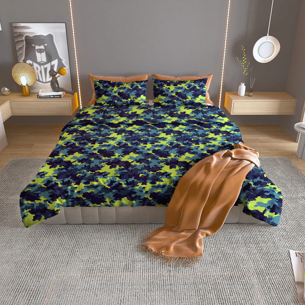 Camouflage Blue And Neon Green Print Pattern Duvet Cover Bedding Set